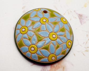 Turquoise Daisies on Line Green Background, Round Stoneware Pendant Bead, Golem Design Studio Beads, 1.5 Inches Round