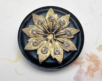 Nine Petal Button, 36mm, Navy with Gold and Cut Glass Stud Accents