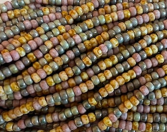 6/o Aged Pink Medley Picasso Mix, Czech Glass Seed Beads, 4mm Seed Beads, 20 Inch Strand, Approximately 130 Per Strand, 13 Grams