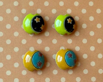 Crescent Moon and Stars, Stoneware Lentil Beads, Set of 2, Choose Orange or Ghoulish Green