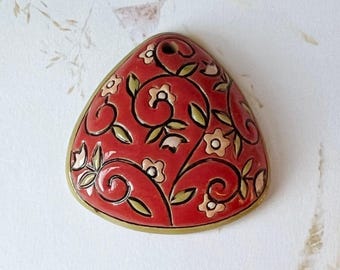 Flowers and Vines on Tuscany Red, Rounded and Domed, Triangle Stoneware Pendant, Golem Design Studio