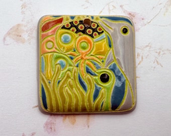 Southern Seas Pendant, Square High Fired Stoneware Pendant, Dolphins and Squid in the South Seas, Hand Carved, Glazed Front and Back