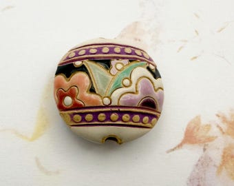 Handcrafted Stoneware Lentil Beads, Fun Flowers Design, Focal Pendant Beads