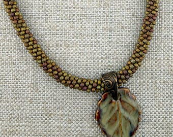 Falling Leaf Beaded Kumihimo Necklace With Artisan Focal Bead, Peyote Stitched Magnetic Clasp