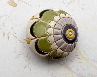 Cream, Greens, Periwinkle, Lentil Bead, Light Color Tone Paisley Flower  Round Lentil Ceramic Pendant Bead, Golem Design Studio Beads