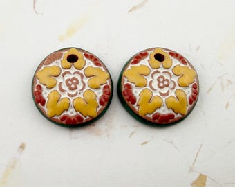 Hand Crafted Stoneware Acanthus Beads: Majolica Style, Set of Two