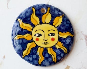 Shining Sun Pendant, Large Round Pendant, Hand Crafted Artisan Beads, Stoneware Pendants