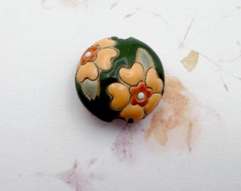 Blooming Heart Flowers, Light Orange on Dark Green, Ceramic Lentil Bead, Small Hand Carved Lentil Bead, Golem Design Studio Beads
