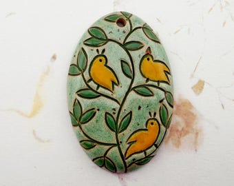 Hand Carved Stoneware Chirping Birds Oval Pendant