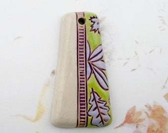 Mixed Technique Stoneware Pendant, 44mm Long x 22mm Wide, Hand Carved, Stamped and Glazed