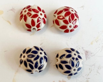 Petal Flowers in Bloom, Lentil Shaped Stoneware Beads, Really Red or Deep Blue