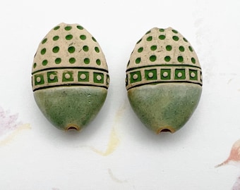 Set of Two, Mix Technique Design Almond Shaped Beads, Hand Shaped, Carved, Stamped and  Glazed