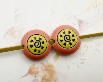 Sets of 2 Golem Design Studio Small Lentils, Handcrafted Stoneware Beads, Hand Carved Stoneware Beads, Glazed Stoneware Beads, Large Hole
