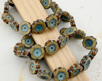 Hibiscus Flower Beads, 12mm, Beige with Picasso Finish and a Turquoise Wash, 12 Per Strand