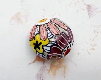 New! Blooms, Lentil Shaped Ceramic Bead, Hand Crafted Artisan Beads, Mixed Garden Blooms Hand Drawn and Glazed on High Fired Stoneware