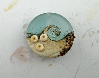 Artisan Ocean Wave Lampwork Bead, Pale Aqua with Barnacles