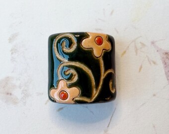 Spirals and Flowers Pendant Bead, Golem Design Studio, Artisan Ceramic Pendants, Beads for Kumihimo