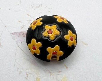 Handcrafted Ceramic Lentil Bead: Black Flowers, Golem Design Studio (23mm)
