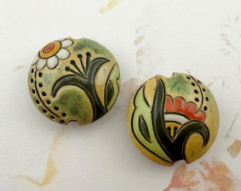 Paisley Flower Bead, Stoneware, Lentil Shaped, Showing Front and Back