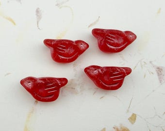 Bird Bead, Ruby Red, Matte Finish, Metallic Pink Wash, Czech Pressed Glass (11x22mm)