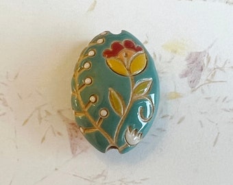 Hand Carved Stoneware Flower Bead: Almond Shaped Ceramic Pendant
