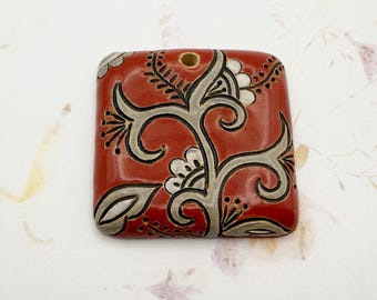 Square Cotton Blossoms Pendant, Square High Fired Stoneware Pendant, Cotton Blossoms on Tuscany Red, Hand Carved, Glazed Front and Back