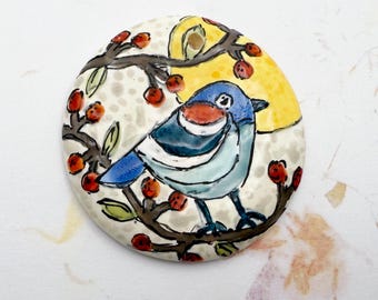 Bluebird, Large Round Pendant, Hand Crafted Artisan Beads by Damyanah Studio, Stoneware Pendants
