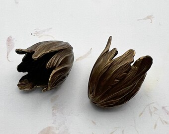 Set of 2, Vintage Patina Flourish Petal End Caps, 22x14mm Natural Brass End Caps, End Caps, Made in the USA