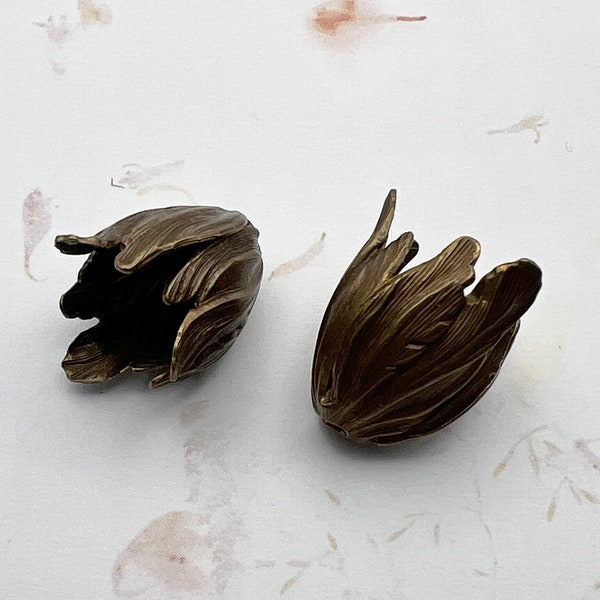 Vintage Patina Flourish Petal End Caps, 22x14mm Natural Brass End Caps, 1 Piece, Oxidized Brass End Caps, Made in the USA