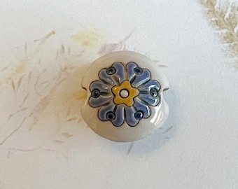 Heart Flower Bead, Stoneware Lentil Shaped Bead, Small Hand Carved Lentil Bead, Golem Design Studio Beads