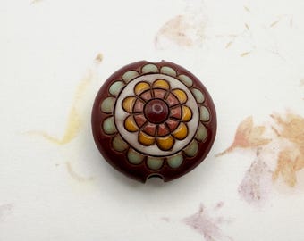 Paisley Mandala Flower on Terracotta, White, Wine and Green Glazed Lentil Shaped Beads, Golem Design Studio, Medium Lentil Beads