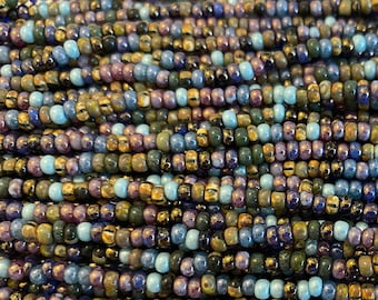 8/o Aged Killer Frost Picasso Mix, Size 8 Round, Czech Glass Seed Beads, 20 Inch Strand, Approximately 7 Grams Each