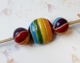 NEW!  Set of 3 Rainbow Glazed Carved Beads, Rainbow Colored Glazes on High Fired Stoneware, Round Shaped Beads, Lentil Shaped Bead