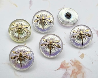 Dragonfly Button, 18mm Round Button, Semi Transparent Honeydew With An AB Finish, Hand Painted Gold Dragonfly, Shank Button