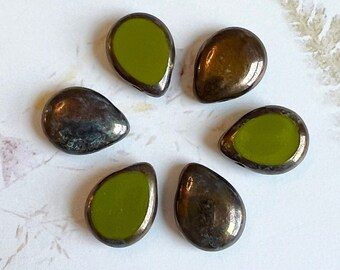 Polished Drops, Opaque Olive Bronze Picasso, 16x12mm Drops, Set of 6 Beads