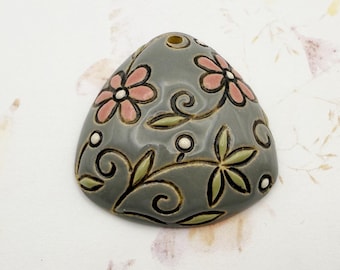 Vintage Textile Pattern Pendant, Triangular Domed Stoneware Pendant, Glazed On Both Sides, Golem Design Studio Beads