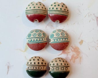 Handcrafted Stoneware Lentil Beads, Swirls Circles Dots, Set of 2