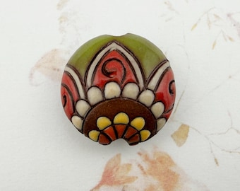 Mixed Technique Terracotta Paisley Flower, Lentil Shaped Bead