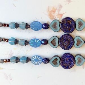 Love is Blue, Heart Czech Glass Mix, 7 Inch Strand of Assorted Table Cut Czech Glass Beads in Blue Color Tones