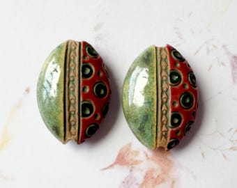 Hand Carved Stoneware Pendant Beads, Glazed Almond Shape, Set of 2