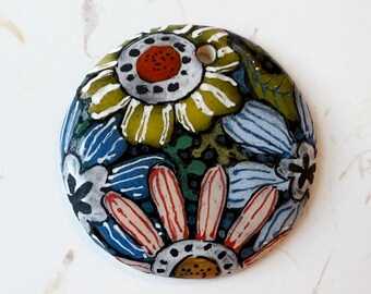 New! Blooms Pendant, Large Round Pendant, Hand Crafted Artisan Beads, Stoneware Pendants