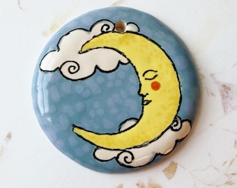Crescent Moon Pendant, Large Round Pendant, Hand Crafted Artisan Beads, Stoneware Pendants