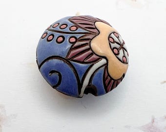 Cotton Flower With Blossoms And Petals, Terracotta Lentil Shaped Bead, Glazed And Hand Carved