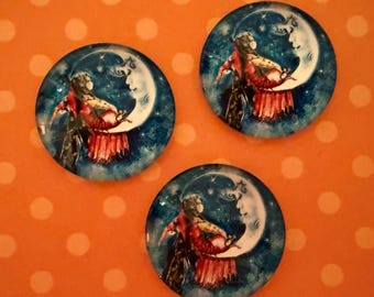 Cabochon, Domed 25mm Glass Pendant Cabochon, Little Girl Witch Sitting on the Moon, Small Cabochon Pendant, 1 Inch Round Cabochon