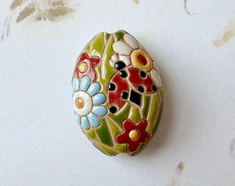 Hand Carved Stoneware Bead, Daisies and Ladybugs, Almond Pendant