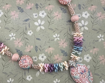 Summer Jasmine Necklace, Features Artisan Beads and Color Blocking