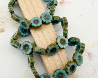 Hibiscus Flower Beads, 12mm, Medium Sky Blue with a Picasso Finish, 12 Per Strand