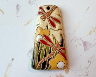 NEW!  Dragonflies on Stoneware Pendant, 52mm Long x 28mm Wide, Hand Carved, Stamped and Glazed