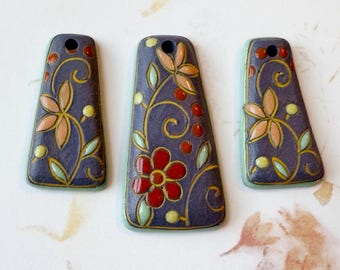 NEW!  Mixed Technique 3 Piece Set, 1 Pendant, 2 Small Pendants, Hand Carved, Stamped and Glazed, New Clay Color