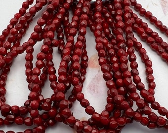 3mm Maroon Faceted Fire Polished, Round Faceted 3mm Fire Polish Beads, 50 Beads Per Strand, Maroon to Deep Burgundy